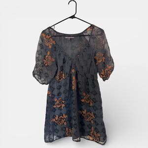 Hale Bob Floral Blouse Sheer and Velvet Black and Brown Size Medium Boho